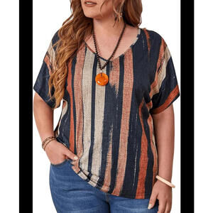 * Stylish V-Neck Striped Top Retro Women's 2XL Plus Size Casual Boho